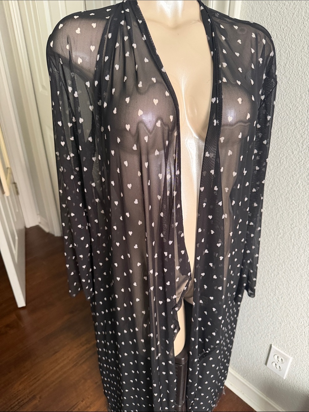 Black Sheer Heart-Print Long Robe - Women's Loungewear